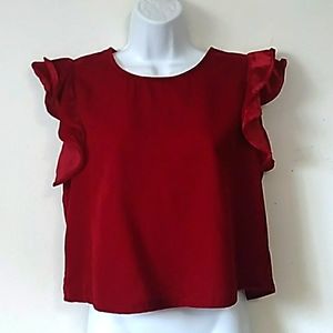Zara basic collection soft red velour ruffle sleeve crop top L